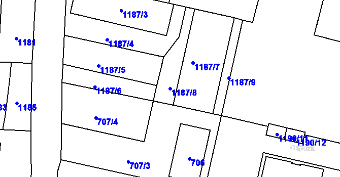 Parcela st. 1187/8 v KÚ Slušovice, Katastrální mapa