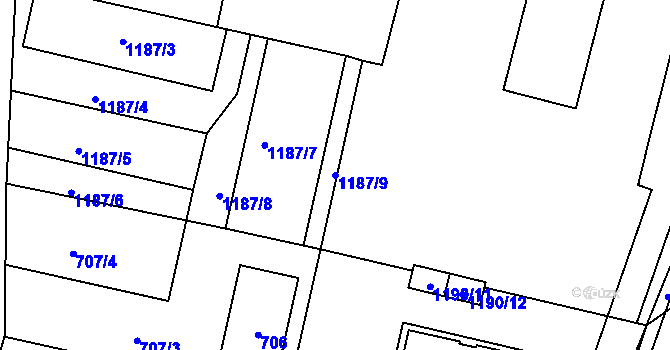 Parcela st. 1187/9 v KÚ Slušovice, Katastrální mapa