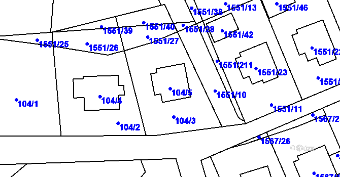 Parcela st. 104/5 v KÚ Slušovice, Katastrální mapa