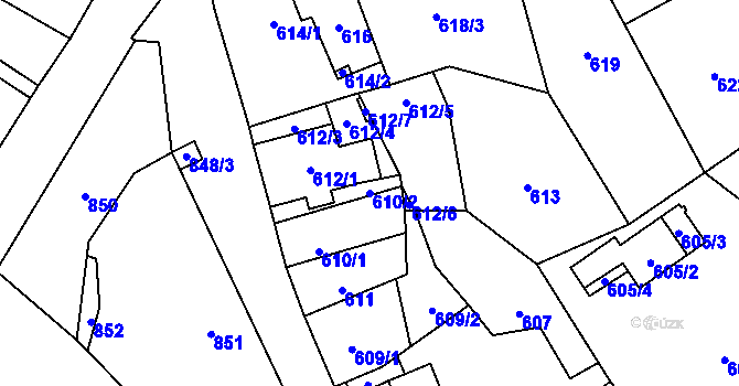 Parcela st. 610/2 v KÚ Slušovice, Katastrální mapa