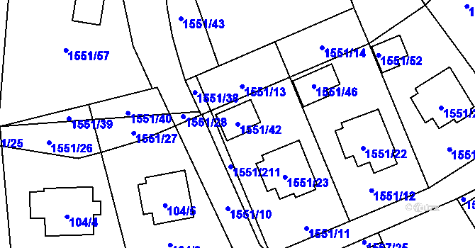 Parcela st. 1551/42 v KÚ Slušovice, Katastrální mapa