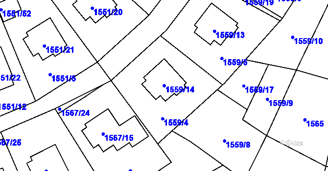Parcela st. 1559/14 v KÚ Slušovice, Katastrální mapa