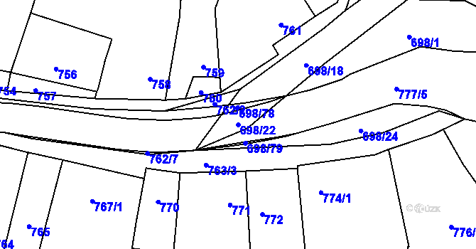 Parcela st. 698/22 v KÚ Slušovice, Katastrální mapa