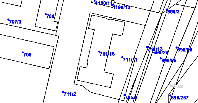 Parcela st. 711/16 v KÚ Slušovice, Katastrální mapa
