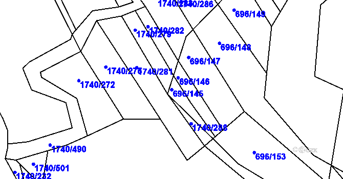Parcela st. 696/145 v KÚ Slušovice, Katastrální mapa