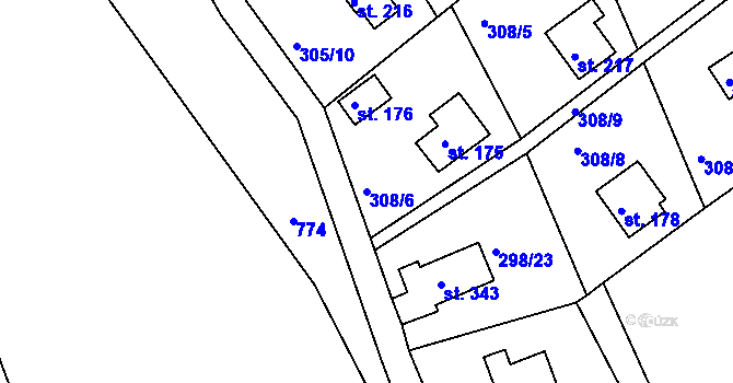 Parcela st. 308/6 v KÚ Sluštice, Katastrální mapa