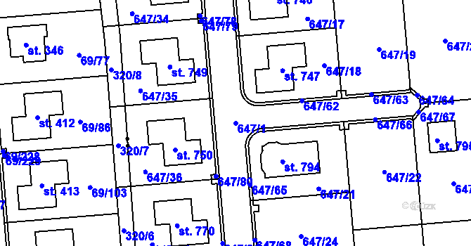 Parcela st. 647/1 v KÚ Sluštice, Katastrální mapa