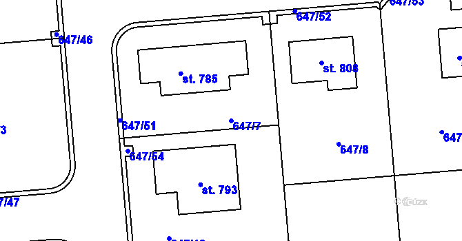 Parcela st. 647/7 v KÚ Sluštice, Katastrální mapa