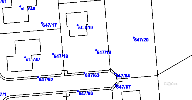Parcela st. 647/19 v KÚ Sluštice, Katastrální mapa