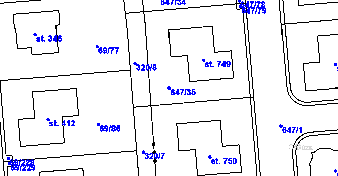 Parcela st. 647/35 v KÚ Sluštice, Katastrální mapa