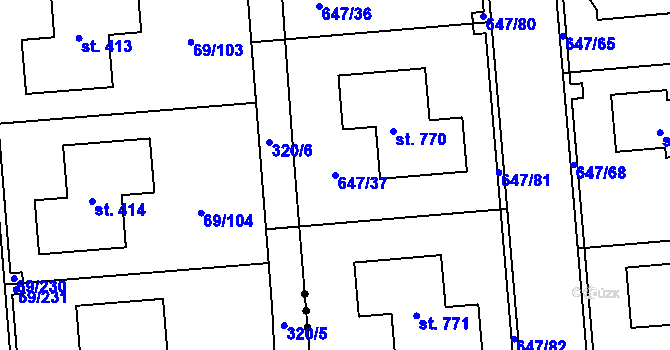 Parcela st. 647/37 v KÚ Sluštice, Katastrální mapa
