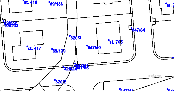 Parcela st. 647/40 v KÚ Sluštice, Katastrální mapa