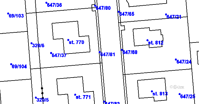 Parcela st. 647/81 v KÚ Sluštice, Katastrální mapa