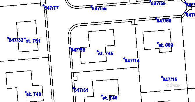 Parcela st. 745 v KÚ Sluštice, Katastrální mapa