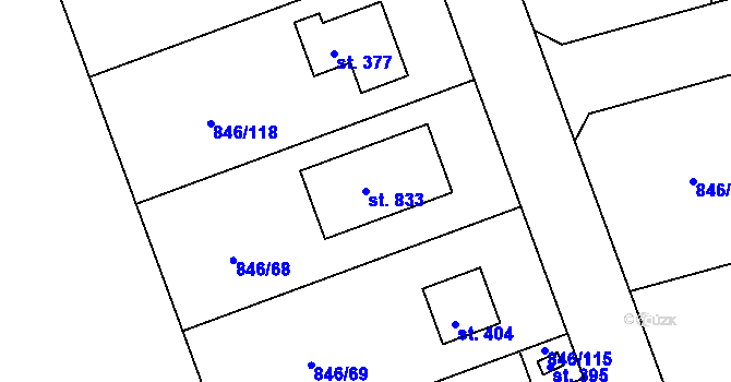Parcela st. 833 v KÚ Sluštice, Katastrální mapa
