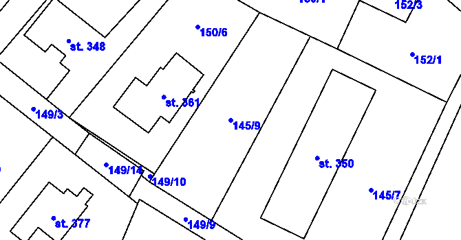 Parcela st. 145/9 v KÚ Smidary, Katastrální mapa