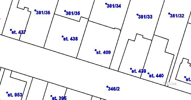 Parcela st. 409 v KÚ Smiřice, Katastrální mapa