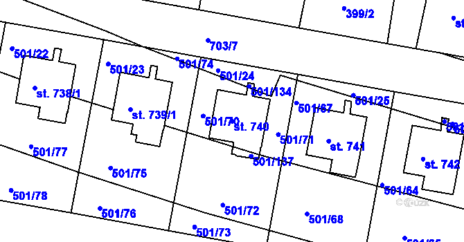 Parcela st. 740 v KÚ Smiřice, Katastrální mapa