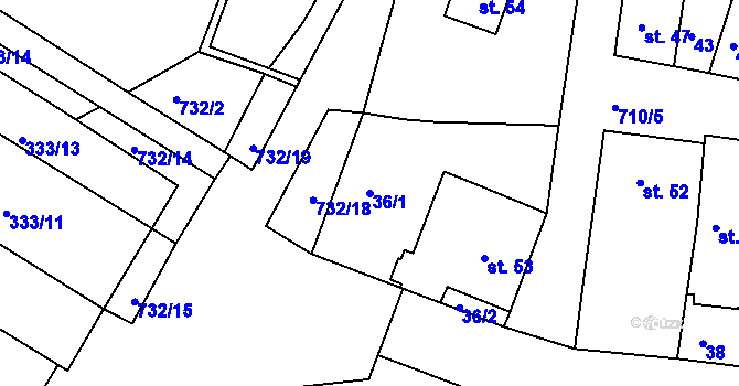 Parcela st. 36/1 v KÚ Smiřice, Katastrální mapa