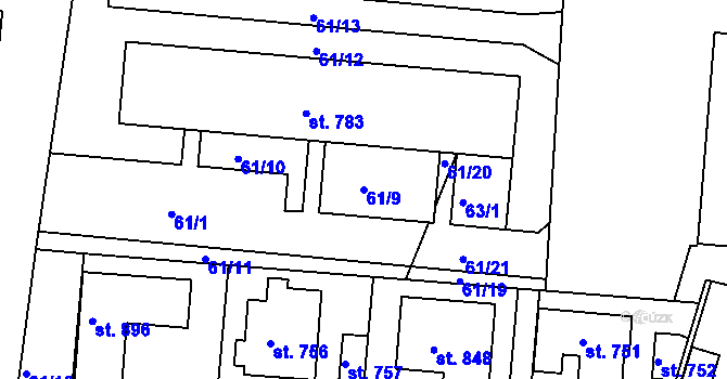 Parcela st. 61/9 v KÚ Smiřice, Katastrální mapa
