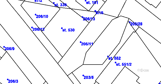 Parcela st. 206/11 v KÚ Smiřice, Katastrální mapa
