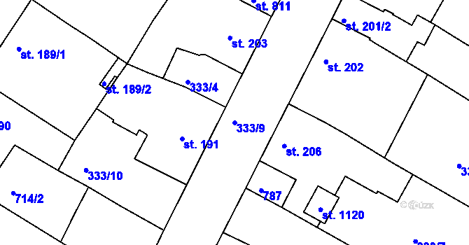 Parcela st. 333/9 v KÚ Smiřice, Katastrální mapa