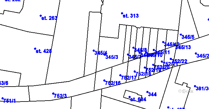 Parcela st. 345/3 v KÚ Smiřice, Katastrální mapa