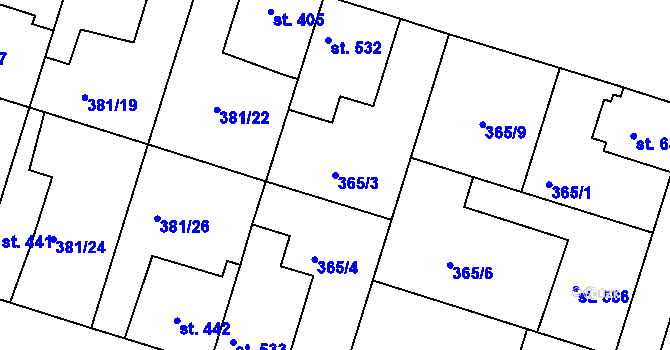 Parcela st. 365/3 v KÚ Smiřice, Katastrální mapa