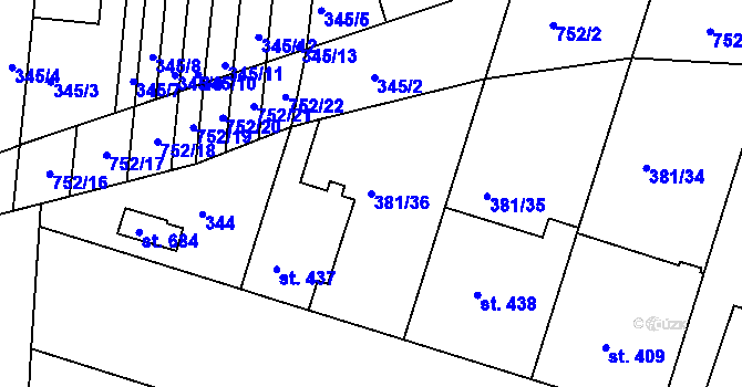 Parcela st. 381/36 v KÚ Smiřice, Katastrální mapa