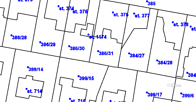 Parcela st. 386/31 v KÚ Smiřice, Katastrální mapa
