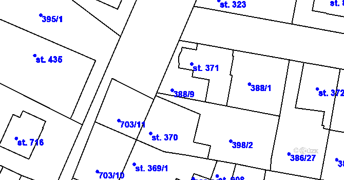 Parcela st. 388/9 v KÚ Smiřice, Katastrální mapa