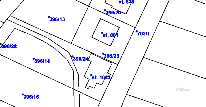 Parcela st. 396/23 v KÚ Smiřice, Katastrální mapa