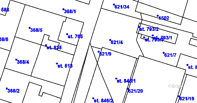 Parcela st. 621/9 v KÚ Smiřice, Katastrální mapa