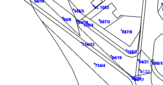Parcela st. 734/12 v KÚ Smiřice, Katastrální mapa