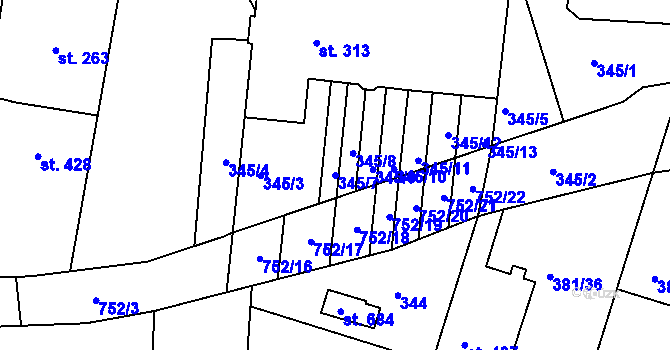 Parcela st. 345/7 v KÚ Smiřice, Katastrální mapa
