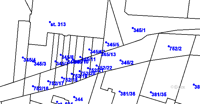 Parcela st. 345/13 v KÚ Smiřice, Katastrální mapa