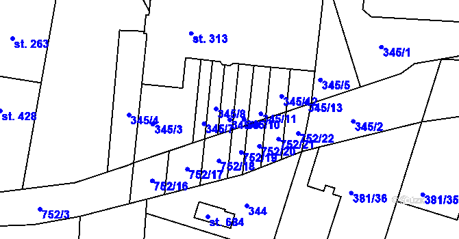 Parcela st. 345/9 v KÚ Smiřice, Katastrální mapa