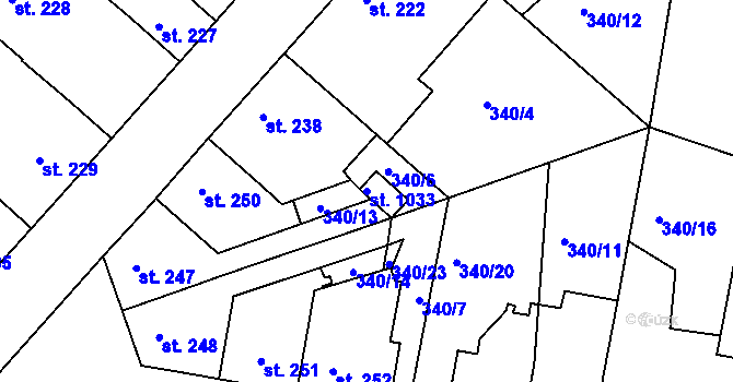 Parcela st. 1033 v KÚ Smiřice, Katastrální mapa