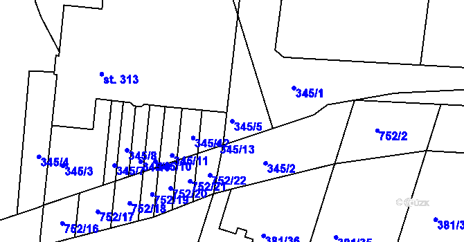 Parcela st. 345/5 v KÚ Smiřice, Katastrální mapa