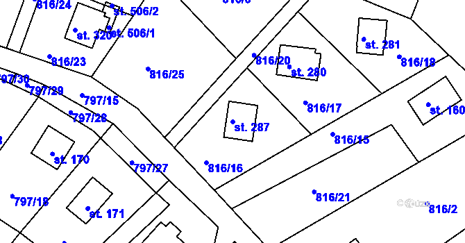 Parcela st. 287 v KÚ Smrkovice, Katastrální mapa