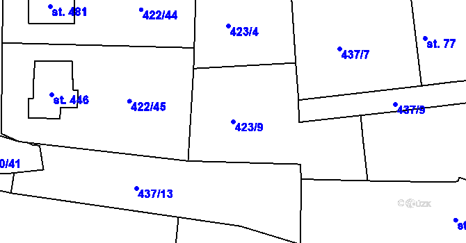 Parcela st. 423/9 v KÚ Smrkovice, Katastrální mapa