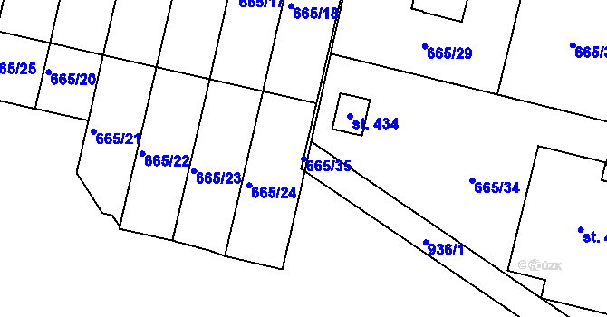 Parcela st. 665/35 v KÚ Smrkovice, Katastrální mapa