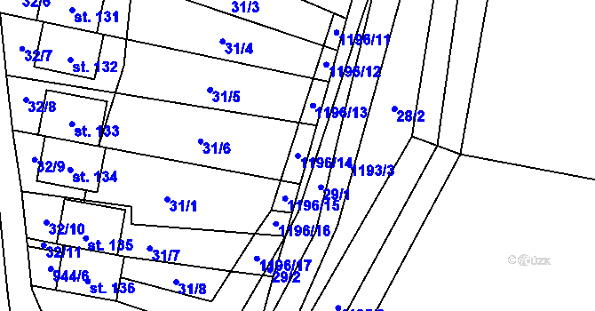 Parcela st. 1196/14 v KÚ Snědovice, Katastrální mapa