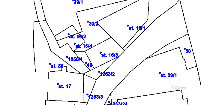Parcela st. 16/3 v KÚ Střížovice u Snědovic, Katastrální mapa