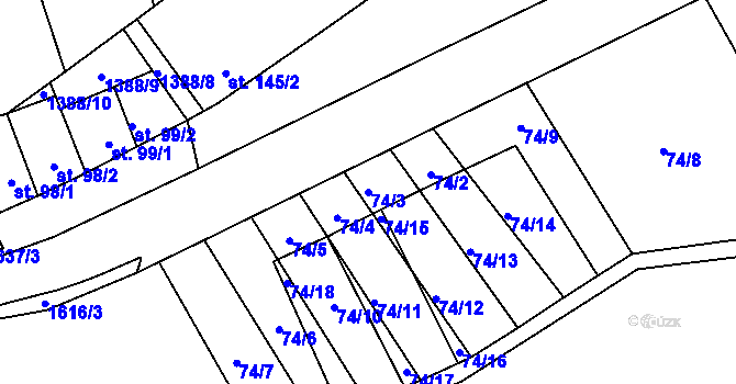 Parcela st. 74/3 v KÚ Snovídky, Katastrální mapa