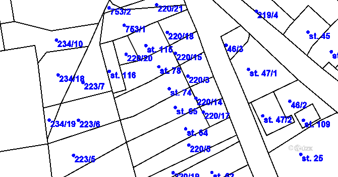 Parcela st. 74 v KÚ Soběchleby u Krupky, Katastrální mapa