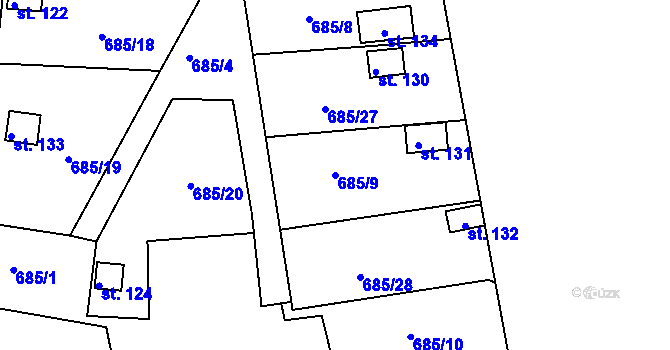 Parcela st. 685/9 v KÚ Soběchleby u Krupky, Katastrální mapa