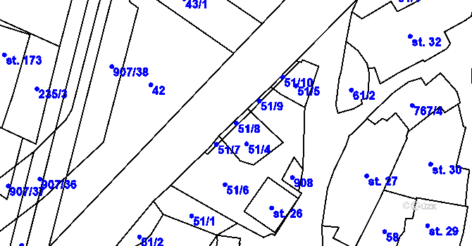 Parcela st. 51/8 v KÚ Soběchleby, Katastrální mapa