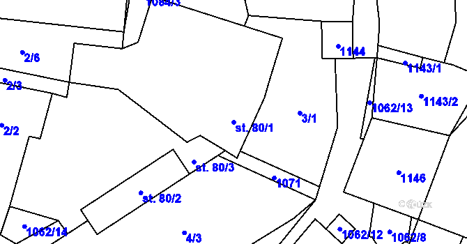 Parcela st. 80/1 v KÚ Soběnice, Katastrální mapa