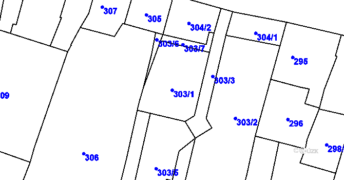 Parcela st. 303/1 v KÚ Soběslav, Katastrální mapa